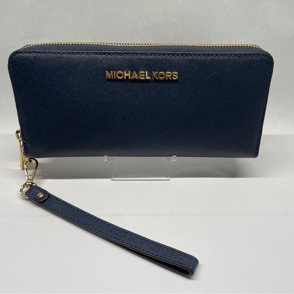Michael Kors Jet Set Travel Continental Zip Wallet in Navy Blue Saffiano Leather - Picture 16 of 16